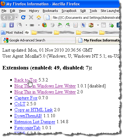 Extensions list HTML file open in Firefox