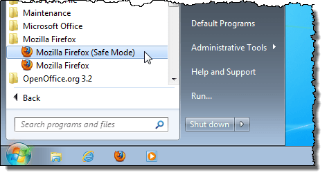 Opening Firefox in Safe Mode from the Start menu