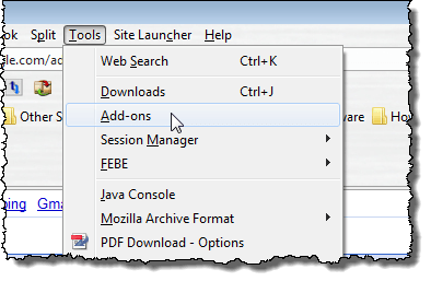 Selecting Add-ons from the Tools menu