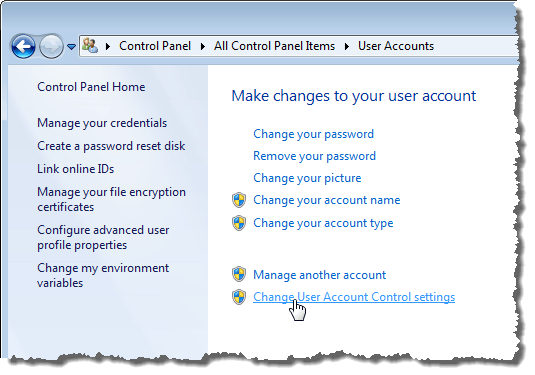 Clicking the Change User Account Control settings link