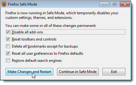 Firefox Safe Mode dialog box