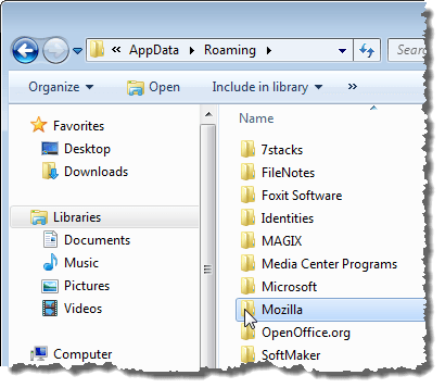 Opening the Mozilla folder