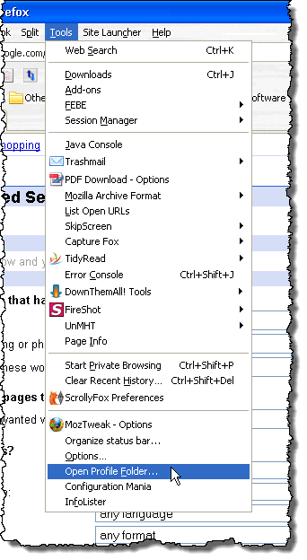 Selecting Open Profile Folder from the Tools menu