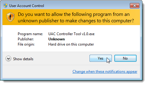 UAC dialog box for the UAC Controller Tool