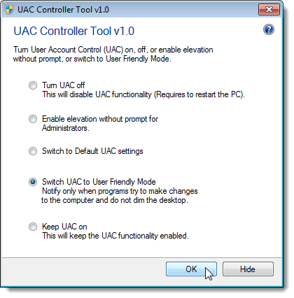 UAC Controller Tool main window