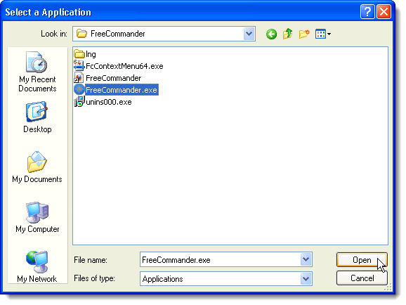 Selecting the FreeCommander executable file
