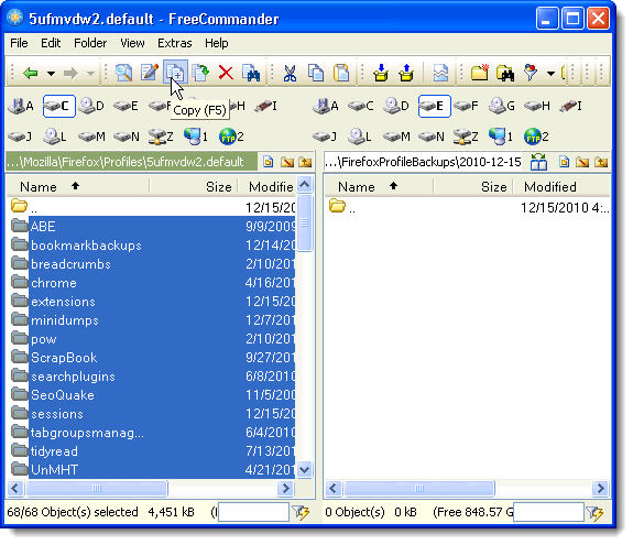 Profile folder open in FreeCommander