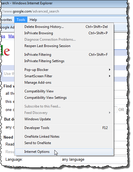 Selecting Internet Options from Tools menu