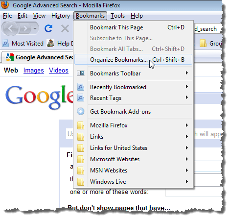 Selecting Organize Bookmarks from Bookmarks menu