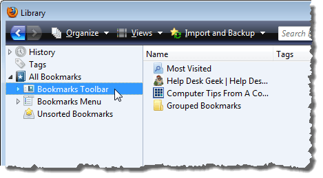 Selecting Bookmarks Toolbar