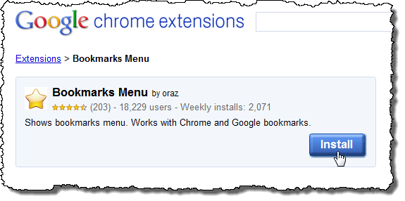 Clicking Install for Bookmarks Menu extension