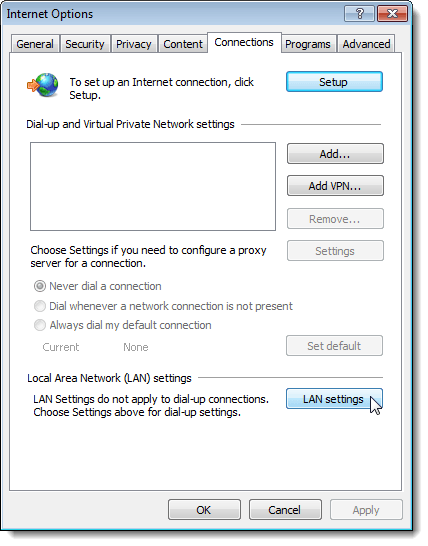 Clicking LAN settings button on Connections tab