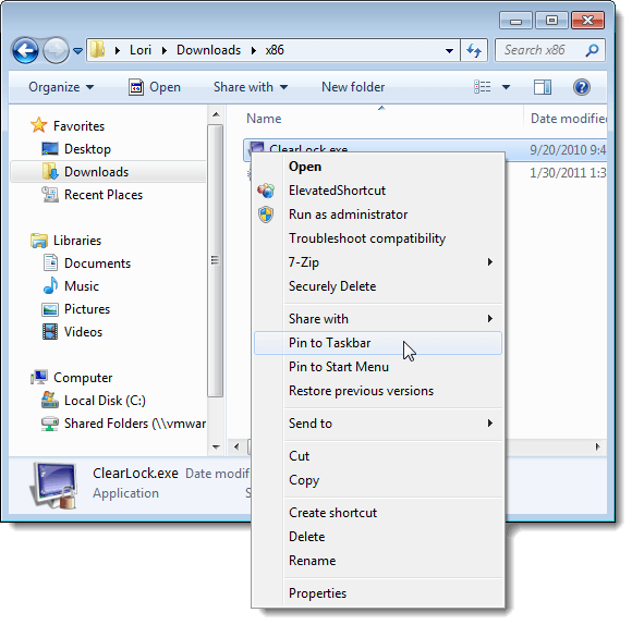 Pinning a shortcut to ClearLock to the Taskbar