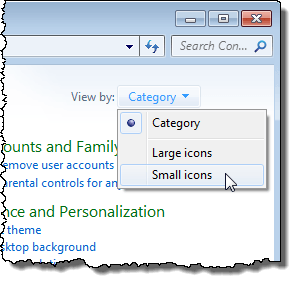 Viewing by Small icons in the Control Panel in Windows 7