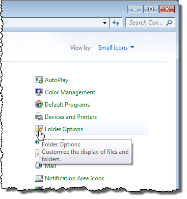 Selecting Folder Options in the Control Panel in Windows 7