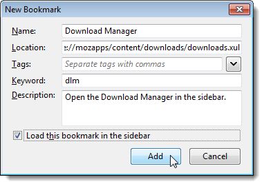 Defining bookmark for the Download Manager