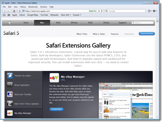 Safari Extensions Gallery web page