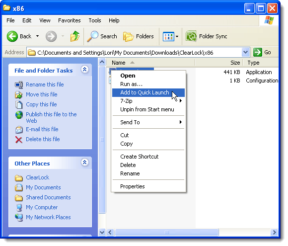 Selecting add to Quick Launch in Windows XP
