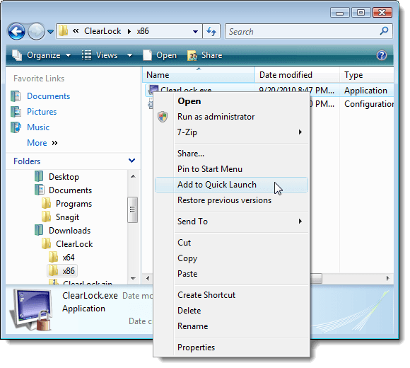 Selecting Add to Quick Launch in Windows Vista