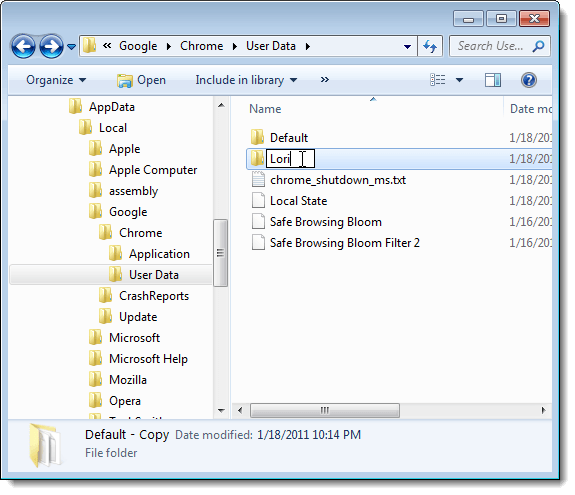 Renaming the copy of the Default profile folder
