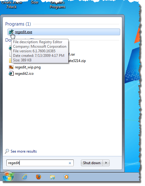 Searching for regedit in Windows 7