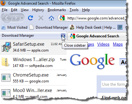 Download Manager in sidebar