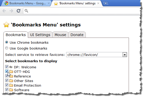 Bookmarks Menu settings - Bookmarks tab