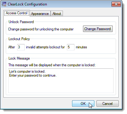 ClearLock Configuration dialog box - Access Control tab