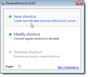 Clicking New shortcut