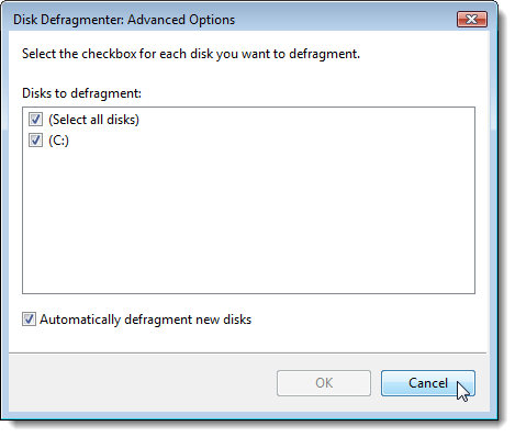 Selecting disks to defragment in Windows Vista