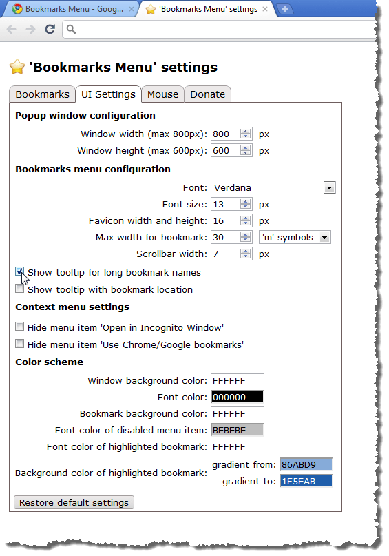 Bookmarks Menu settings - UI Settings tab