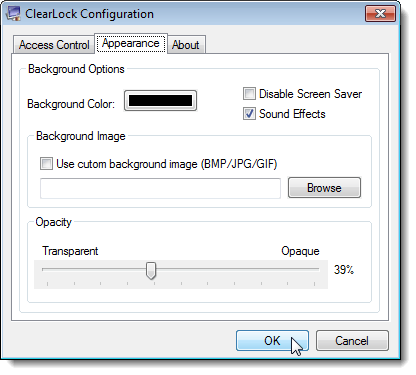 ClearLock Configuration dialog box - Appearance tab