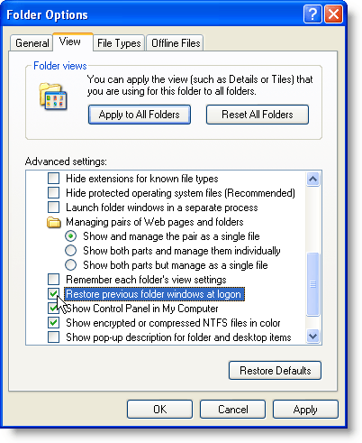 Selecting the Restore previous folder windows at logon option