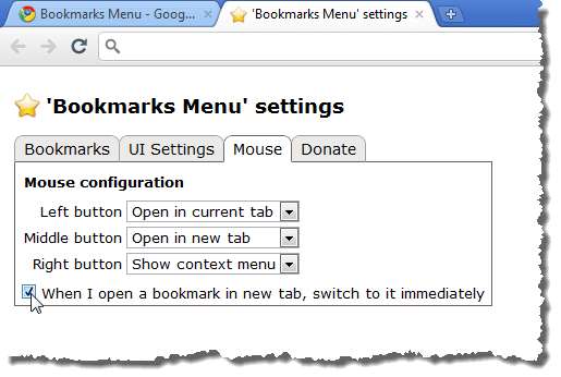 Bookmarks Menu settings - Mouse tab