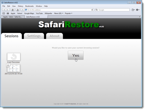 SafariRestore options open in a tab