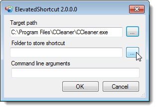 Clicking the Browse button for the Folder to store shortcut