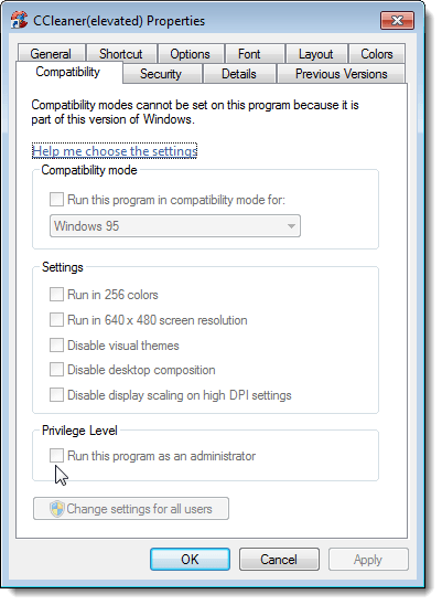 Unable to run as administrator for an elevated shortcut