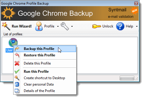 Backing up profile from popup menu