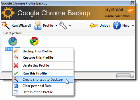 Creating shortcut to profile on Desktop