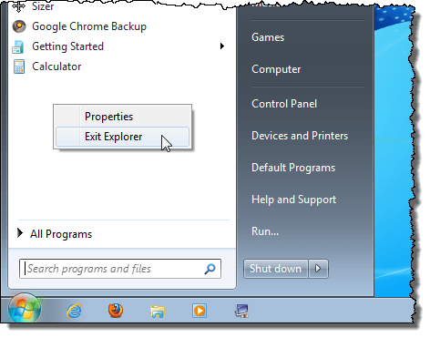 Accessing the Exit Explorer menu option in Windows 7