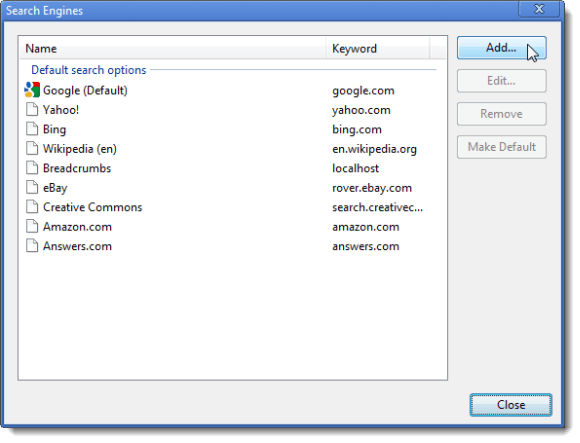 Clicking Add on Search Engines dialog box