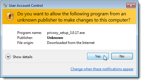 User Account Control dialog box for installing Privoxy
