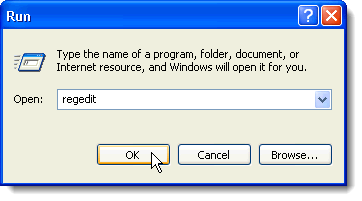 Entering regedit in the Run dialog box in Windows XP