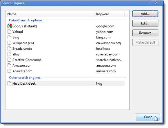 Clicking Close on the Search Engines dialog box