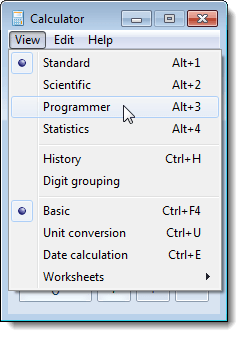 Changing to the Programmer view in the calculator in Windows 7