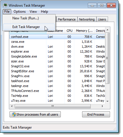 Closing Task Manager in Windows 7
