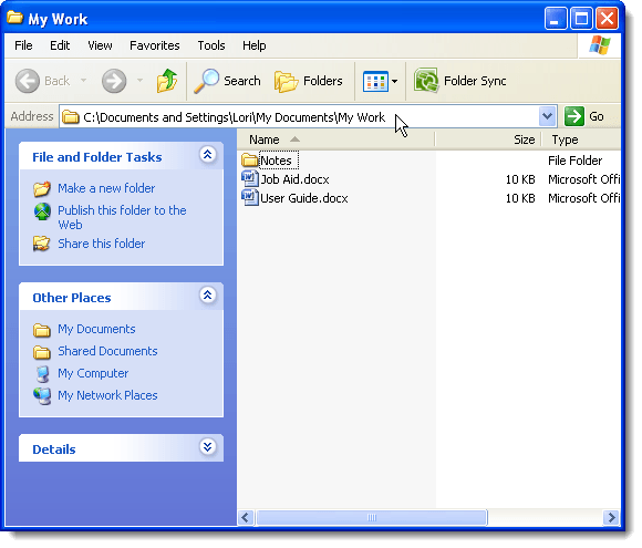My Computer window open to chosen folder