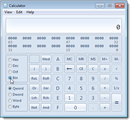 Selecting Binary mode on the calculator in Windows 7