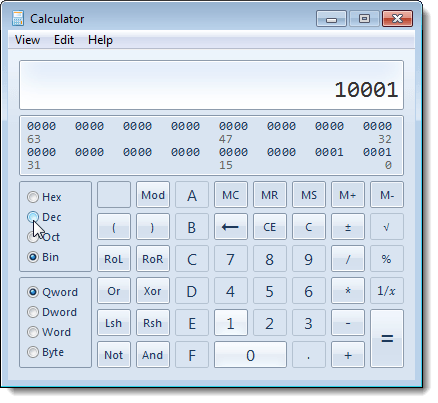 Entering a binary number in the calculator in Windows 7