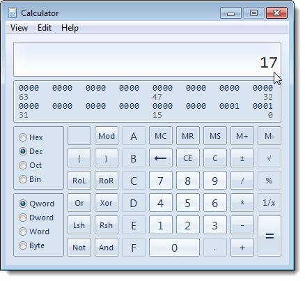 Decimal number calculated in Windows 7